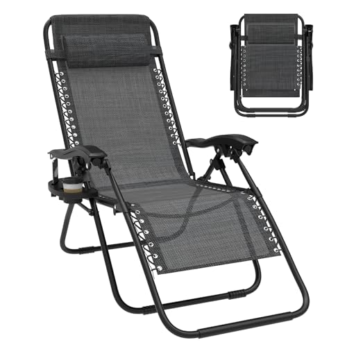 Huracan Liegestuhl Klappbar, Sonnenliege Balkon mit Stufenlos verstellbare Positionen & Kopfstütze & Getränkhalter, Gartenliege Relaxliege aus Stahlrahmen für Terrasse Schwimmbad, Anthrazit