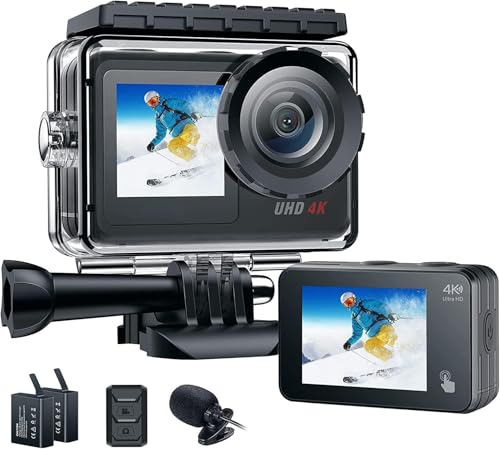 Action Kamera 4K, 170° Weitwinkel WLAN Dual Screen Unterwasserkamera mit Fernbedienung, 2 Akkus, EIS & Helmzubehör Kit wasserdichte Kamera, Action Cam 4K zum Schnorcheln, Vlogging, Sporttauchen