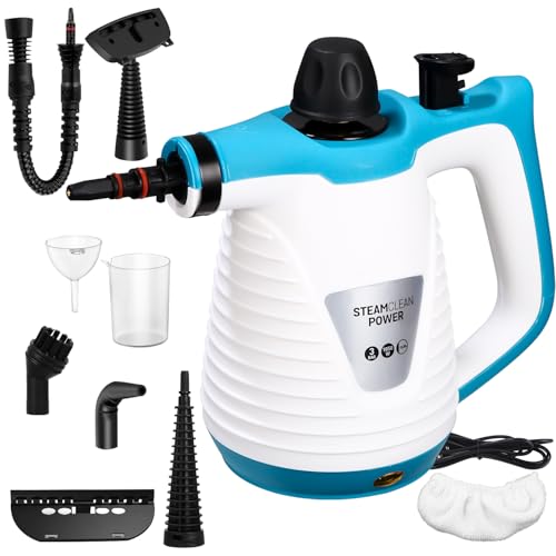 FAOKZE Dampfreiniger mit 10 Zubehörteilen, 1050W Hand Dampfreiniger Handgerät, 3,0 bar Dampfdruck 500ml 3 Minuten Aufheizzeit, Dampfreiniger Boden für Auto Bad Fenster Teppich Sofa Fliesen Fugen