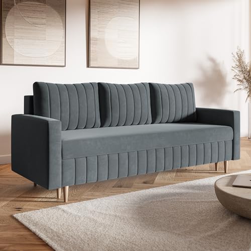 MOTIVENA Leo Sofagarnituren, 3 Sitzer Sofa mit Bettfunktion, Schlafsofa 215 cm Breit, Klappsofa mit Schlaffunktion, Bettsofa mit Schlaffunktion, Taschenfederkern (H3), Samt Sofa Anthrazit