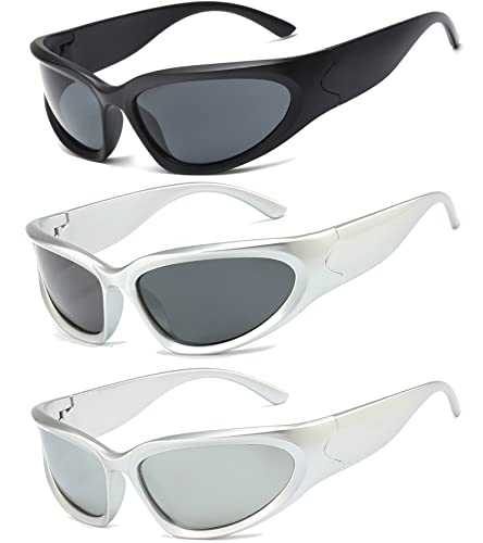 Long Keeper 3 Paar Futuristisch Vintage Sonnenbrille für Herren Damen Y2k Retro Wrap Around UV400 Radsportbrillen Fahrradbrille Sportbrille