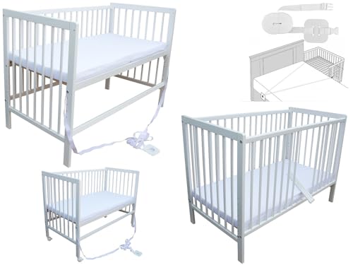 Kinderbett - Beistellbett - Babybett 120x60 cm umbaubares Bett mit Gurt, Rädern und Matratze (Weiss mit Matratze)