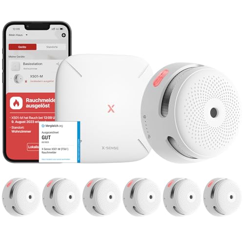 X-Sense Smart Rauchmelder XS01-M mit SBS50 Basisstation, Zertifiziert nach EN 14604, Funkrauchmelder mit WLAN, vernetzbarer Feuermelder, kompatibel mit der X-Sense Home Security App, FS61, 6 Stück
