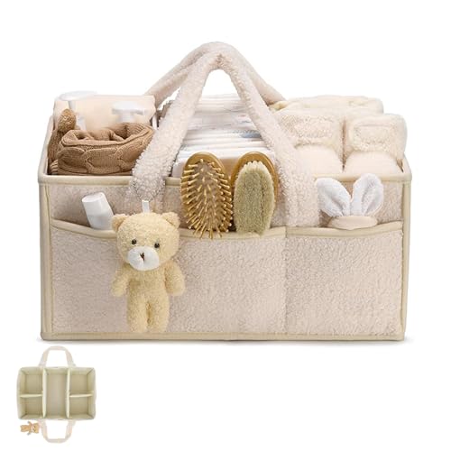 Wickeltasche Organizer, Wickeltisch Organizer, Tragbarer Wickelkorb mit Herausnehmbaren Fächern, Plüsch Wickelorganizer mit Griffen, Baby Aufbewahrungskorb für Wickel und Babysachen (Cremefarben)