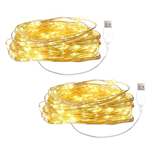 Kaleora LED Lichterkette, USB-Betrieben, Kupferdraht, 2 Meter, 20 LEDs, Warmweiß, 2er Set