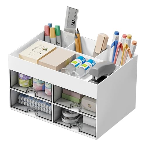 Schreibtisch Organizer mit 4 Fächern und 4 Schubladen–Multifunktionaler Büroorganizer,Platzsparender Desk Storage Box für Stiftehalter,Fernbedienung und kleine Büroartikel für Zuhause,Büro,Schule