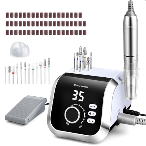 Nagelfräser für Gelnägel 45000 U/MIn, Professionell Fräser Nägel Elektrische Nagelfeile mit Fußpedal 45 Getriebestufen LCD Anzeige F/R Drehrichtung Pause Funktion für Gelnägel und Acrylnägel