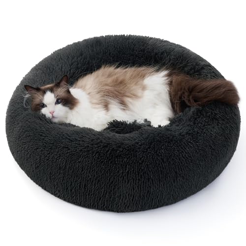 BEDSURE Hundebett waschbar Flauschiges Katzenbett - Ø 50 cm Donut Kissen, Katzenschlafplatz für Katzen Kleine Mittelgroße Hunde, Plüsch Katzenkissen Rund Kuschelbett Katzen Bettchen, Dunkelgrau