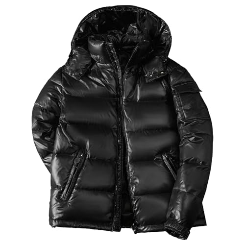 Pufferjacke für Herren mit Kapuze, winddicht, mit Reißverschluss, glänzende Daunenjacke, leicht, warm, für den Winter, Taschen, Schwarz, Größe S