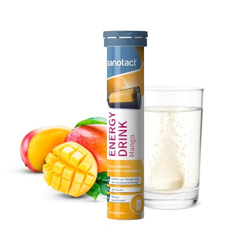 sanotact Energy Drink Brausetabletten Mango – 20 Tabs pro Röhrchen – Koffein Booster – sugarfree & zero – energy drink pulver als getränketablette - günstige energy tabletten