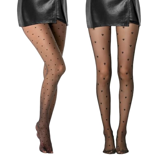 LILELIG 2 Stück Strumpfhosen Damen Muster, Schwarze Strumpfhose Damen, Strumpfhose Herzen + Strumpfhose Punkte, Frauen Nylon Strumpfhose Muster Elastisch Hohe Taille für Tägliche Arbeit, Datum