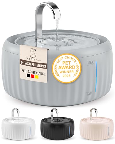 PrettyPaw Katzenbrunnen - Super leiser, BPA-freier 3L Trinkbrunnen für Katze mit LED und Aktivkohlefilter - Leicht zu reinigender Katzen Trinkbrunnen - Aqua Flow (Grau)