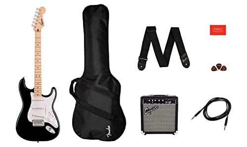 Squier by Fender Sonic Stratocaster Electric Guitar Pack, Maple Fingerboard, Black, Gig Bag, Squier Frontman 10G Amp - 230V EU, Inklusive kostenloser virtueller Kurse auf Fender Play