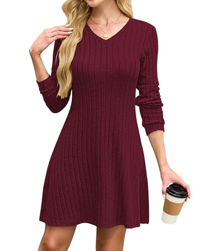 AUSELILY Strickkleid Damen Herbst V Ausschnitt Herbstkleid Elegant Pulloverkleid Langarm Casual Kleid Vino Tinto S