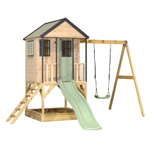 Wendi Toys M50 Stelzenhaus mit Rutsche und Schaukel, Spielhaus aus FSC-Holz für Kinder Garten Outdoor, Podesthöhe 90 cm, 290×350×242 cm, mit 175 cm Rutsche, Sandkasten, wetterfest