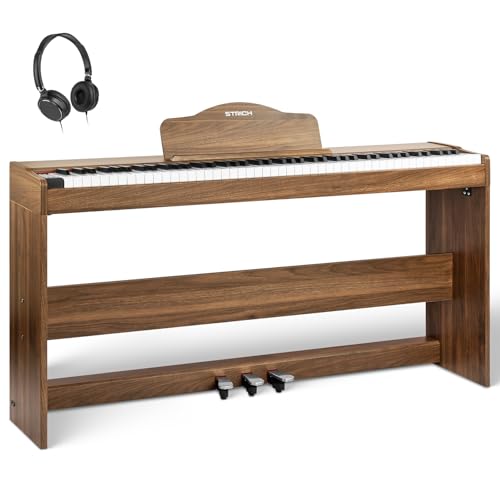 STRICH Digitalpiano 88 Tasten, Hammermechanik-Tastatur in voller Größe, E-Piano mit Möbelständer, 25W×2 Lautsprecher, USB-MIDI & kabellose Verbindung, Modell SDP-300W(Walnussholz)
