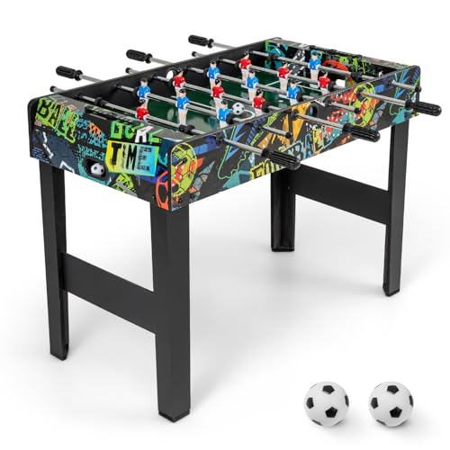 HOMASIS Tischkicker Kinder & Erwachsenen, 2 in 1 Tischfußball mit abnehmbaren Beinen, Kickertisch mit 2 Bällen, 14 Kickern & 2 Punktezählern, Tischfußballtisch Spieltisch für Party Treffen (Schwarz)