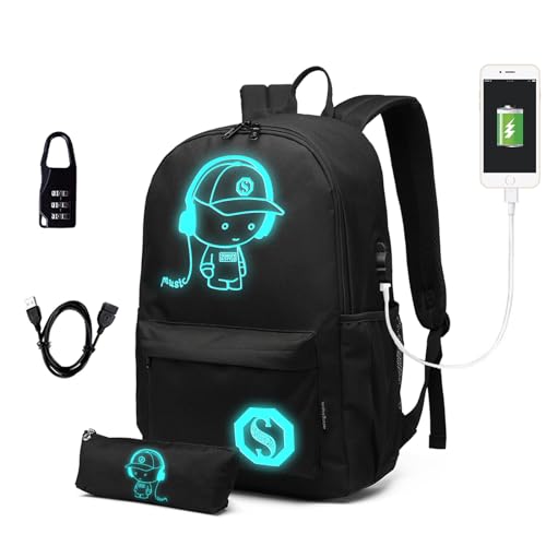 KONO Schulrucksack Unisex Teenager mit Fluoreszierendem Muster, Leicht & Wasserdicht für Schule, Reise (30x17x48cm) (Schwarz)