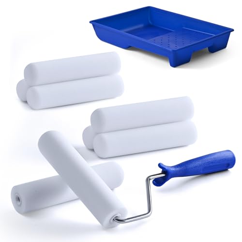 Dottall Schaumwalzen Farbroller Wandfarbe mit Gummigriffen, 8 Stück Malerrolle 15cm mit Hoher Dichte, Farbroller Klein mit Stabile Farbwanne