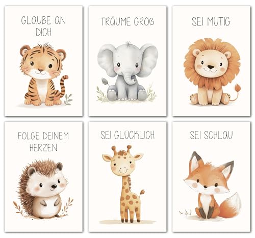 LAVEMA Affirmationsposter Kinder | Bilder Kinderzimmer DIN A4 (21x30cm) Poster Set | Wanddeko Babyzimmer Deko | Affirmationsbilder | Wandposter Junge | Tierbilder | Wandbilder Tiere