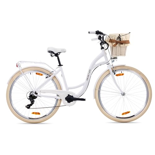 Goetze Mood 28 Zoll Damen Citybike, 18 Zoll Tiefeinsteiger Aluminiumrahmen, 7-Gang Kettenschaltung, doppelte V-Bremsen, LED-Beleuchtung, Rattankorb, Komfortsattel, mit Seitenständer & Klingel