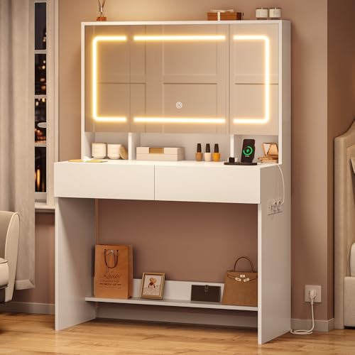 Schminktisch mit Steckdosen Schminktische mit Große Spiegel und LED-Beleuchtung, Einstellbarer Helligkeit, Frisiertisch mit 2 Schubladen und Versteckter Stauraum Moderner Kosmetiktisch Kommode