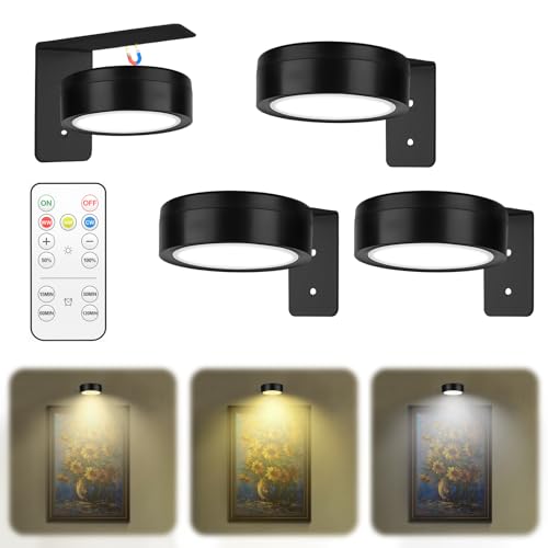 Bildbeleuchtung Kabellos-3 Stück LED Bilderleuchte Kabellos für Wandmontage,Magnetische Bilderleuchte mit 3 Lichtfarben und Einstellbarer Helligkeit,Perfekte Bildbeleuchtung für Kunstwerke und Fotos