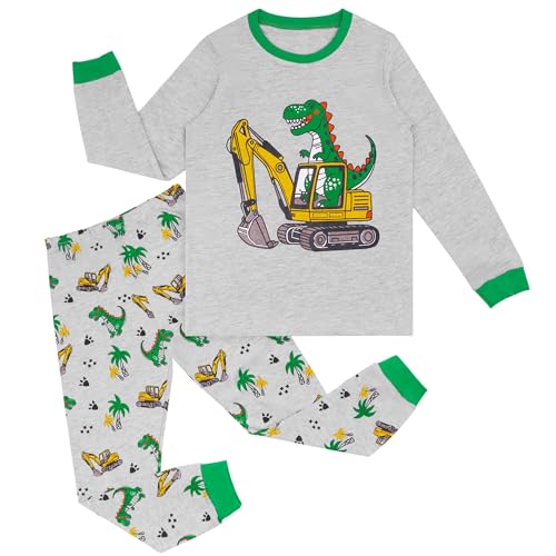 Hoseay Jungen Schlafanzug Kinder Baumwolle Langarm Oberteile und Hosen Pyjama Set Weich 2-Teiler Grau Bagger Dinosaurier Nachtwäsche Kinder Hausanzug kinderkleidung 4-5 Jahre Gr.104-110