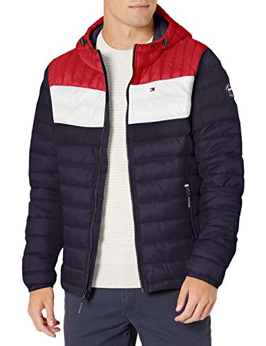 Tommy Hilfiger Herren Water Resistant Ultra Loft Filled Hooded Puffer Jacket Daunenalternativer Mantel, Midnight/Ice/Red Flag Colorblock, L