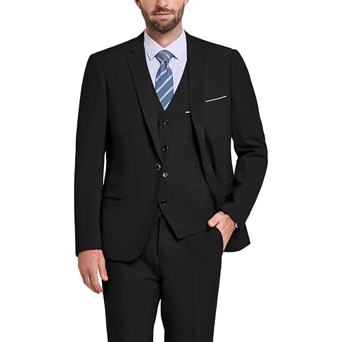 Hihawk Herren 3 Stück Anzug mit Stretch Stoff Solide Slim Fit EIN-Knopf Anzug Blazer Set Jacke Weste Hose mit Krawatte, Schwarz, L