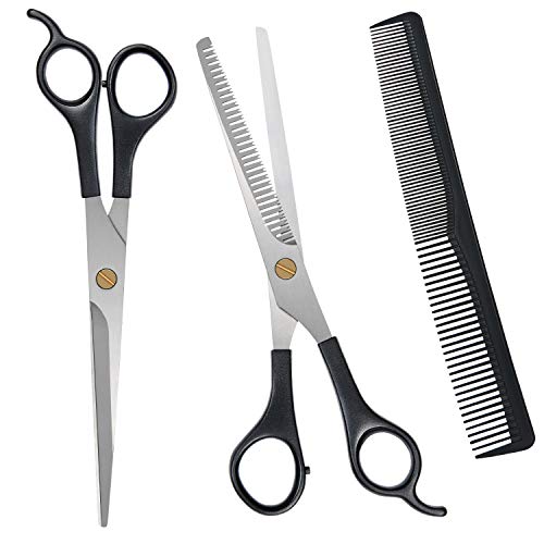 URAQT Haarschere Set, 2 Scharfe Professionell Scheren-Sets, Licht Einseitiger Effilierer, Scharfe Friseurscheren, Haarschneideschere, Kamm, für Damen,Herren,Kinder,Haustier, Schwarz
