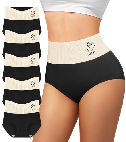 MIOTAN Damen-Unterwäsche, Baumwolle Unterhosen Frauen, 5er Pack, Bauch Weg, Hohe Taille, Taillenslip, High Waist Slip, Schwarz, L
