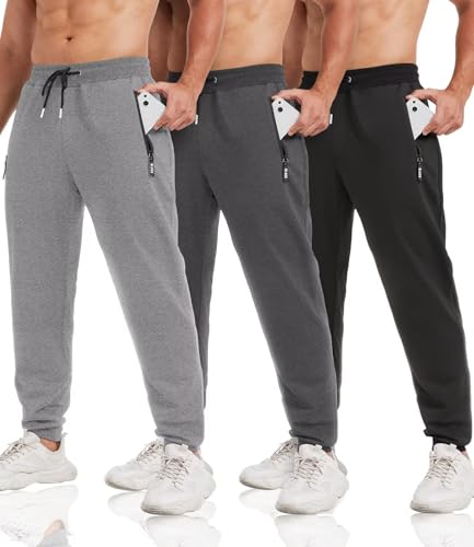 lomsoe 3er-Pack Jogginghose Herren Baumwolle Tapered, Sporthose Herren Lang mit Reißverschlusstaschen, Trainingshose Sweatpants Fleece Slim Fit für Laufen und Fitness(Schwarz, Dunkelgrau, Hellgrau,L)