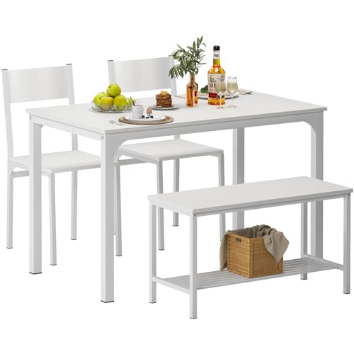 sogesfurniture Essgruppe 4-teilig, mit Esstisch 110 * 70 * 76cm, 2 Stühlen, eine Sitzbank in Metallgestell, Rechteckig Küchentisch-Set mit Ablagefläche für Wohnzimmer, Esszimmer, Weiß