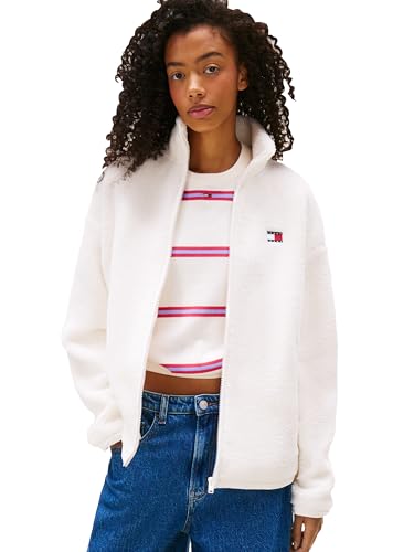 Tommy Jeans Leichte Damen-Teddyjacke mit durchgehendem Reißverschluss und Badge-Logo, Antikes Weiß, L
