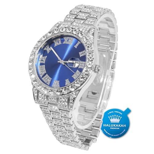 Halukakah Diamant Golduhr, Herren Platin Weiß Vergoldet 42MM Breite Blau Wählen Quarz Armband 24cm, mit Geschenkbox