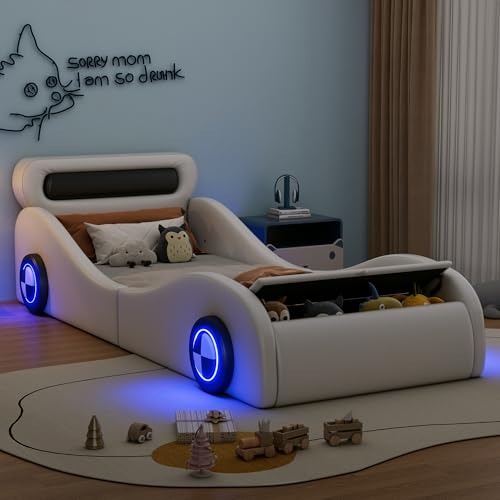 Kinderbett Autobett 90x200, Polsterbett Einzelbett Jugendbett mit leuchtenden Rädern&Stauraum, Aufregendes Auto Kinderbett für kleine Rennfahrer, Kinder Spielbett mit Lattenrost, PU,Ohne Matratze,Weiß