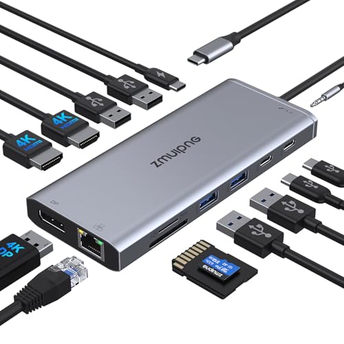 USB C Docking Station Dual Monitor,Triple Display USBC Dock, 14 in 1 Laptop Dockingstation mit 2 * 4K HDMI,DP/Displayport,Ethernet,4*USB,100W PD,USB-C Data,SD/TF,Audio/Mic für Dell HP Lenovo etc
