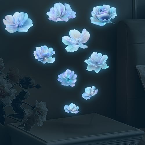 9 Stück Wandaufkleber Blumen Leuchtende, Wandaufkleber Blumen Blau, Leuchtende Blumenaufkleber, Pflanzen Blumen Aufkleber, Dekorative Wandbilder für Kinderzimmer Schlafzimmer