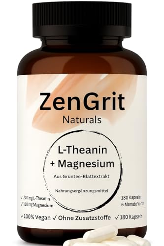 ZenGrit L-Theanin Kapseln 200 mg aus Grüntee-Extrakt mit Magnesium – 180 vegane Kapseln, 6-Monats-Vorrat, ohne Zusätze & Labor geprüft