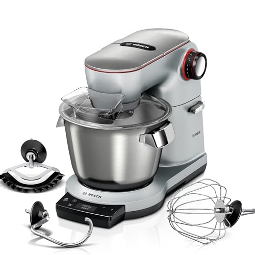 Bosch Küchenmaschine OptiMUM, 3 Automatikprogramme, Edelstahl-Schüssel 5,5 L, spülmaschinenfest, integrierte Waage, Timer, Profi-Knethaken, besen, 7 Stufen, 1500 W, silber, MUM9AX5S00