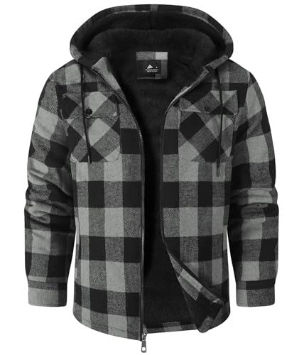 SwissWell Herren Hemdjacke Verdicken Karierts mit Reißverschluss Flanelljacke Plüschfutter Freizeit Gefüttert Kapuzenpullover Männer Winter Hemd Fleece Hoodie Winterjacke mit Taschen(Dunkelgrau L)