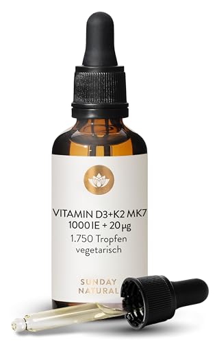 SUNDAY NATURAL® Vitamin D3 K2 Tropfen – Premium Vitamin D 3 1.000 IE + K2-MK7 ≥99,8% all-trans 20µg – Kölner Liste® - 50 ml - Hohe Bioverfügbarkeit ohne unnötige Zusätze, laborgeprüft