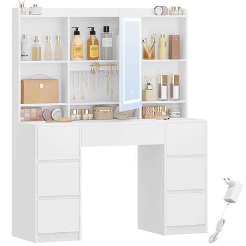 Hzuaneri Schminktisch mit Beleuchtung, Schminktisch mit Große LED-Spiegel, Schminktische mit Helligkeit Einstellbar, 7 Schubladen, 4 Ablagen, Stauraum Hinter dem Spiegel, Weiß DT43203XEU