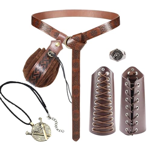 Vercico Mittelalter Kleidung für Damen Herren Accessoires Set, Wikinger Gürtel Lederbeutel Armschienen Vintage Renaissance Ritter Deko (Braun-6PCS)