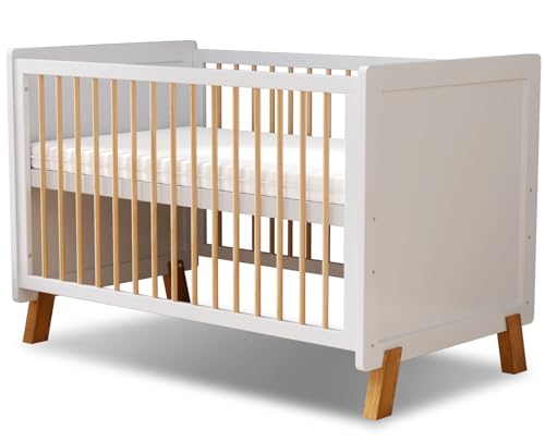 MEICI BABY Alex -3-in-1 Holz Babybett, Babybett, Convertible Babybett, 3 verstellbare Bett Basispositionen, Deluxe Aloe Vera Matratze inbegriffen, Von Geburt bis 6 Jahre (No Mattress 120X60CM)