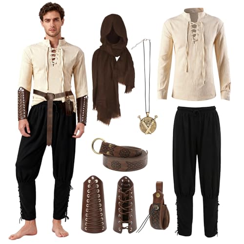 8 Stück Renaissance Kostüm Set für Herren, Mittelalter Kleidung Herren, Mittelalter Viking Kostüm mit Piratenhemd Lang Hose Gürtel Handgelenkgurt Belt Pouch Retro-Schal, Karneval Party Cosplay (M)