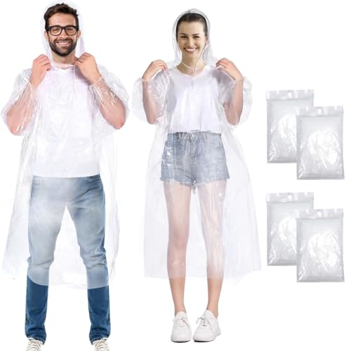 Henrycares 4 Stück Einweg Regenponcho Damen Herren, Durchsichtig Regencape Regenschutz mit Tunnelzug Kapuze und Elastische Manschette,Wasserdicht