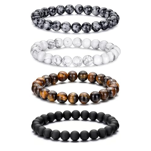 RANKEEF Perlenarmband Herren, 8 mm Perlenarmbänder Set, Stretch-Armbänder Herren, Verstellbares Schwarzes Kristall-Perlenarmband Perlen Armband Herren