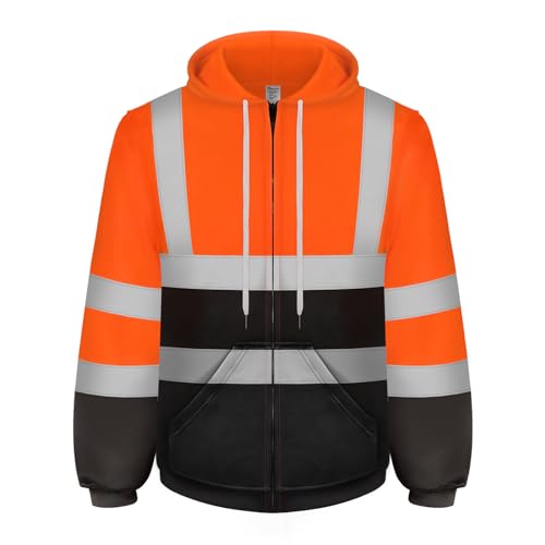 Graunton Warnschutz Pullover Herren Mit Reißverschluss, Warnschutzjacke für Männer und Frauen,Reflektierendes Sweatshirt für Baustelle,Flughafen,Aktivitäten im Freien, Orange Schwarz, L.